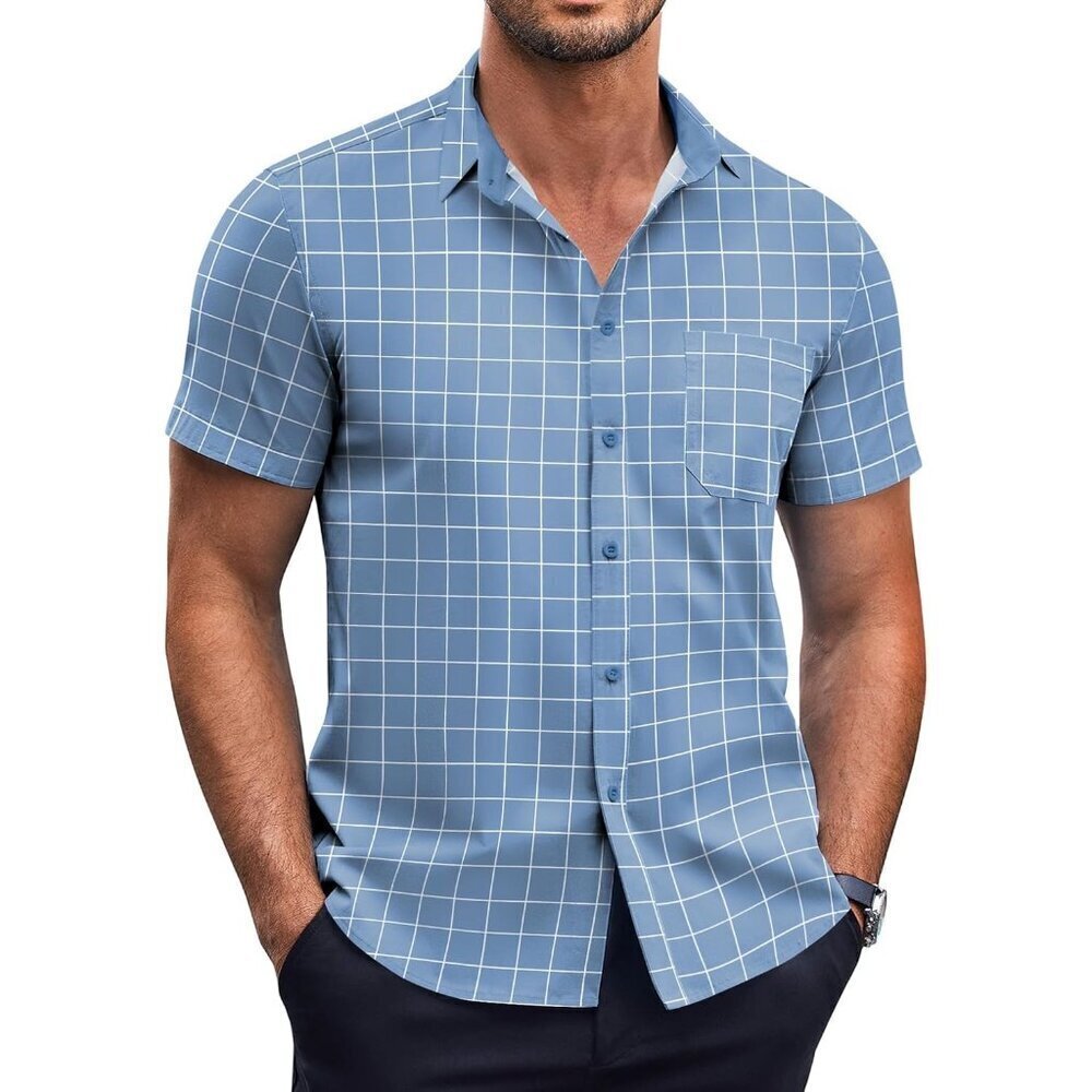 Blue Plaid  Men Short Sleeve Button Down Wrinkle Free Dot Print  Dress Shirt